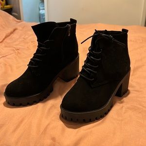 Black faux suede combat boots